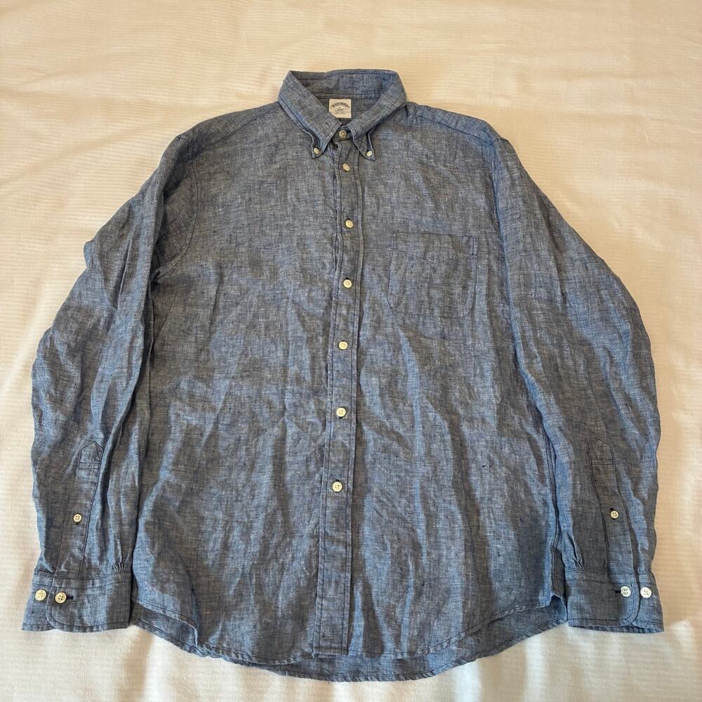 Brooks Brothers Regent Fit Linen Shirt Mens Large Blue 100% Linen Beach Casual
